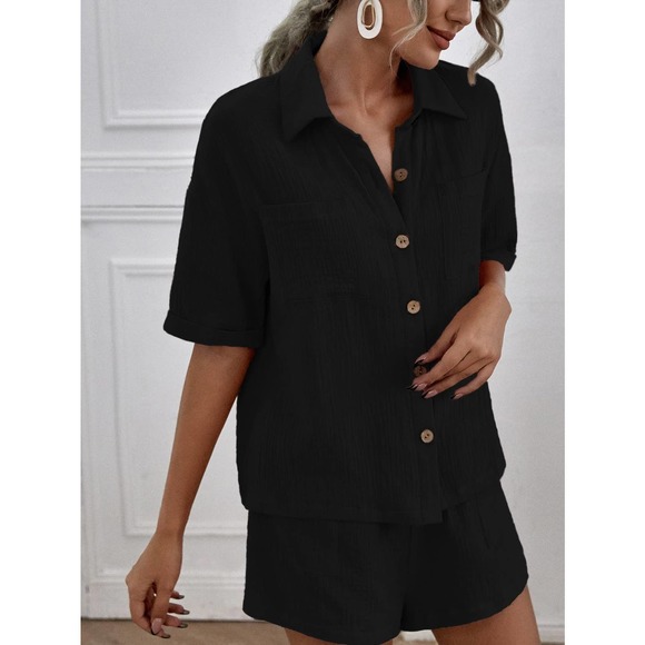 2 piece set: Breast Pocket Button Down Shirt & high waist Shorts coords tan - Picture 10 of 14